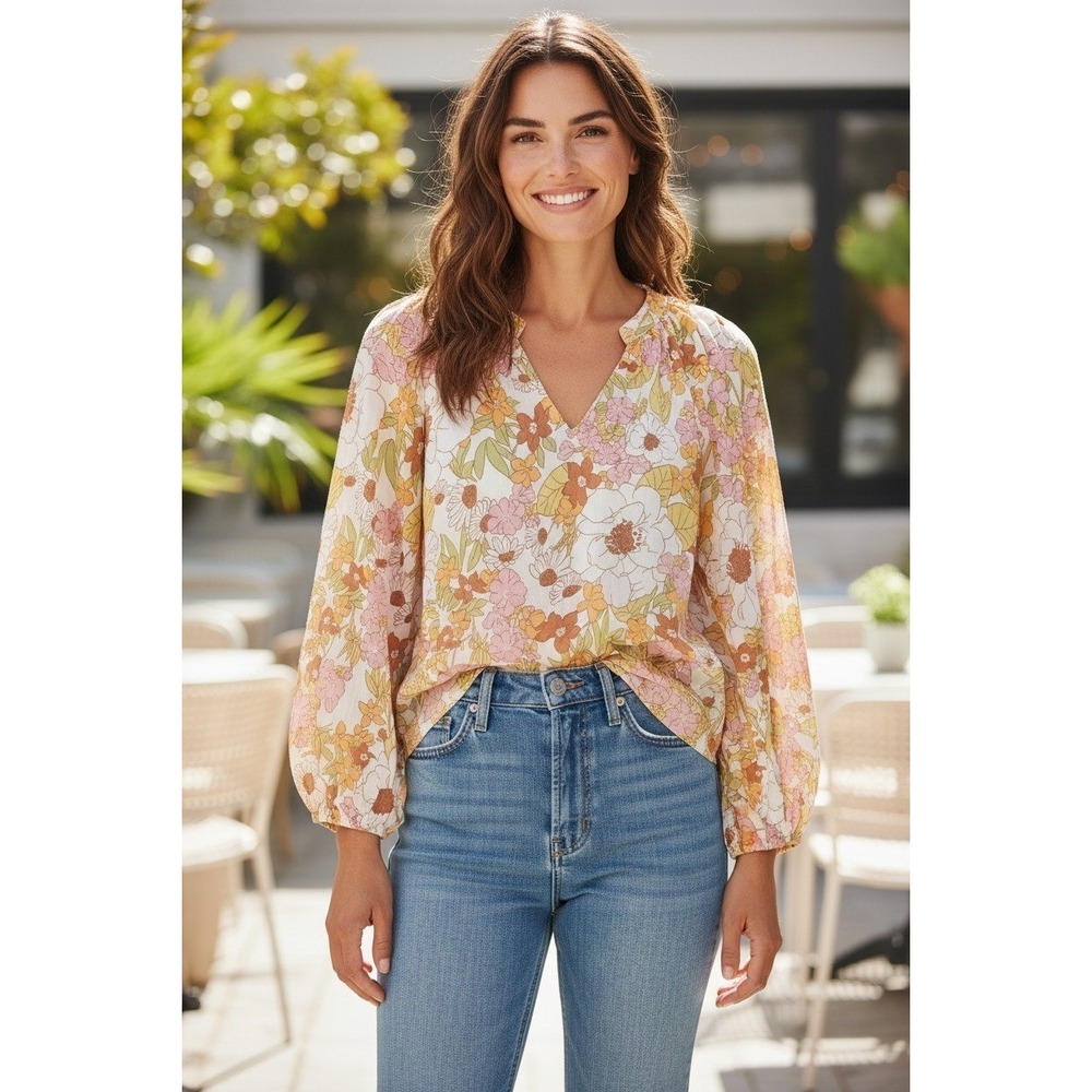 BTFBM Women Floral V-Neck Lantern Sleeve Blouse Orange Pink Yellow Small